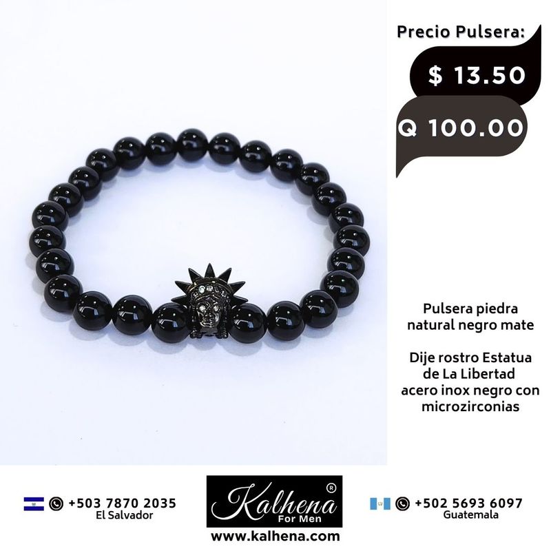 Pulsera piedra natural negro mate - Dije rostro Estatua de la Libertad