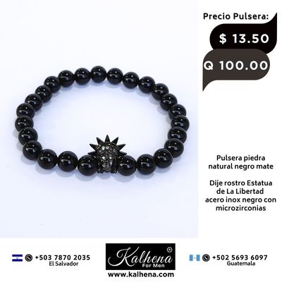 Pulsera piedra natural negro mate - Dije rostro Estatua de la Libertad