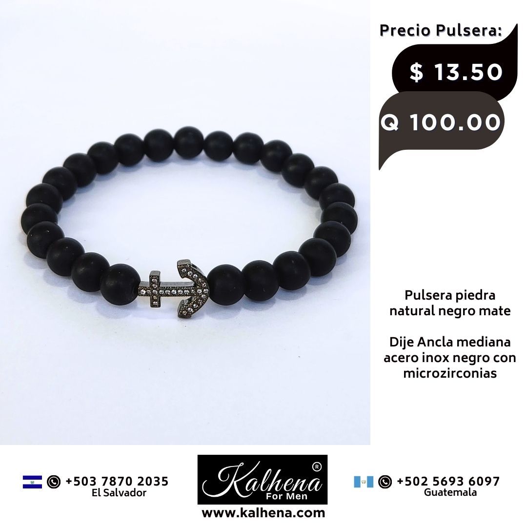 Pulsera piedra natural negro mate - Dije Ancla mediano