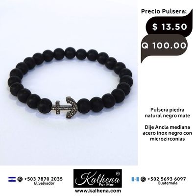 Pulsera piedra natural negro mate - Dije Ancla mediano