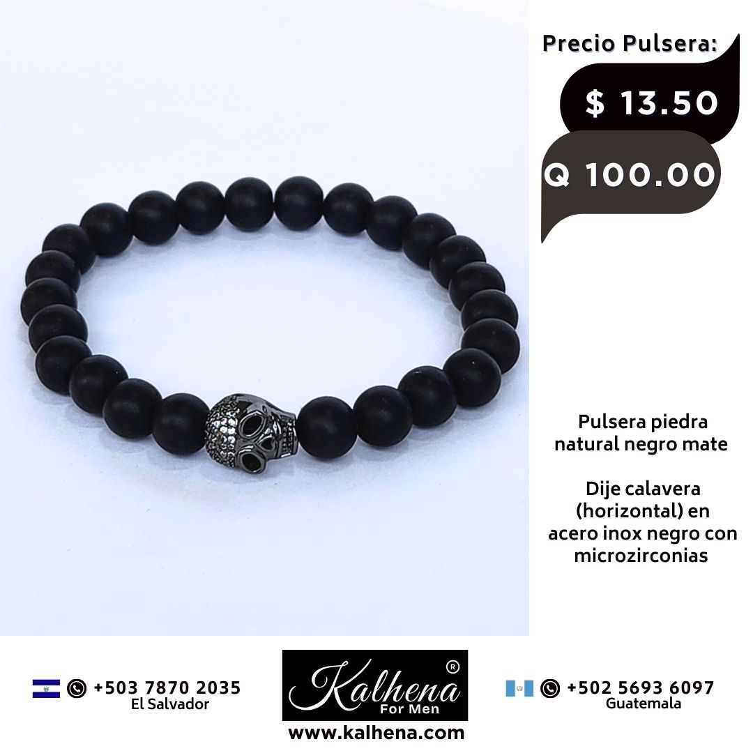 Pulsera piedra natural negro mate - Dije calabera horizontal