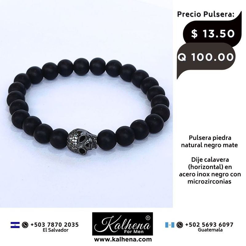 Pulsera piedra natural negro mate - Dije calabera horizontal
