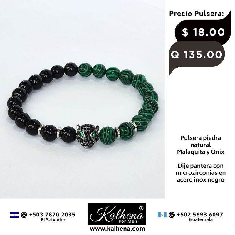 Pulsera piedra natural negro Onix y Malaquita - Dije Pantera