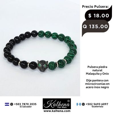 Pulsera piedra natural negro Onix y Malaquita - Dije Pantera