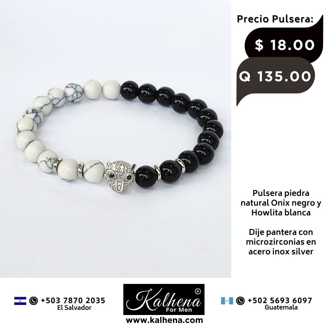 Pulsera piedra natural negro Onix y Howlita blanca - Dije Pantera
