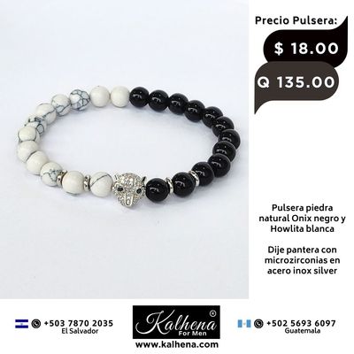 Pulsera piedra natural negro Onix y Howlita blanca - Dije Pantera