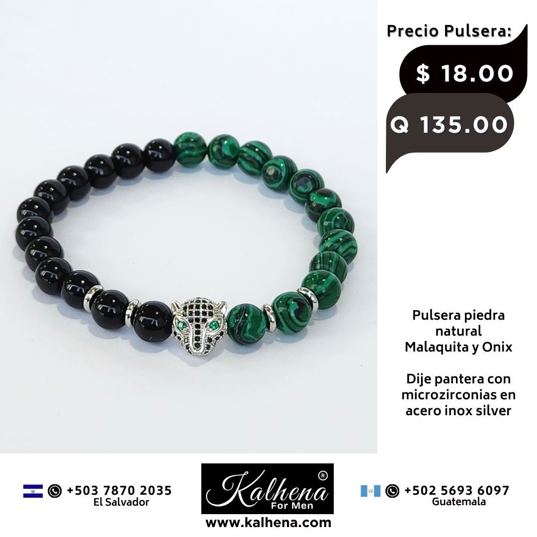 Pulsera piedra natural negro Onix y Malaquita - Dije Pantera