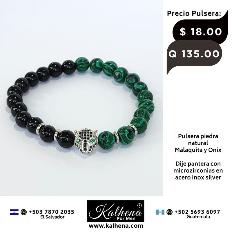 Pulsera piedra natural negro Onix y Malaquita - Dije Pantera