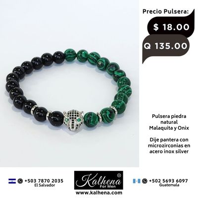 Pulsera piedra natural negro Onix y Malaquita - Dije Pantera
