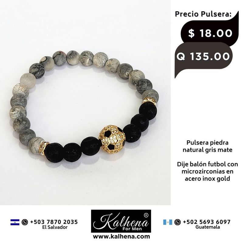 Pulsera piedra natural negro y gris mate - Dije Futbol
