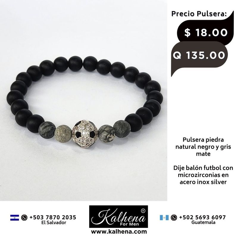 Pulsera piedra natural negro y gris mate - Dije Futbol