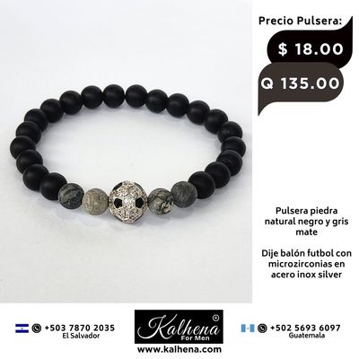 Pulsera piedra natural negro y gris mate - Dije Futbol