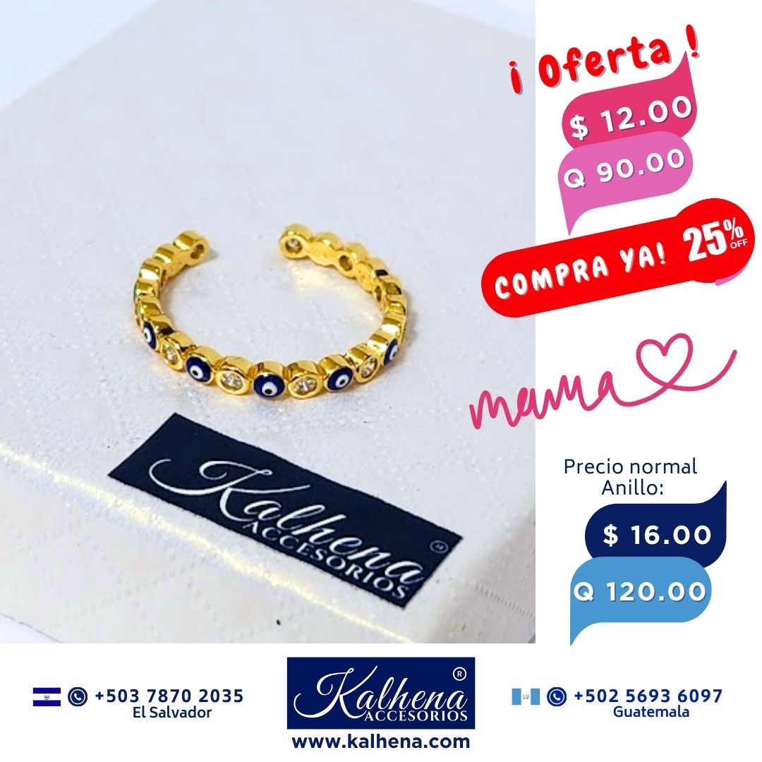 Anillo ajustable ojo turco azul y micro zirconias en oro laminado