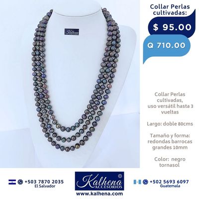 Collar largo perlas cultivadas barrocas redondas: negro tornasol