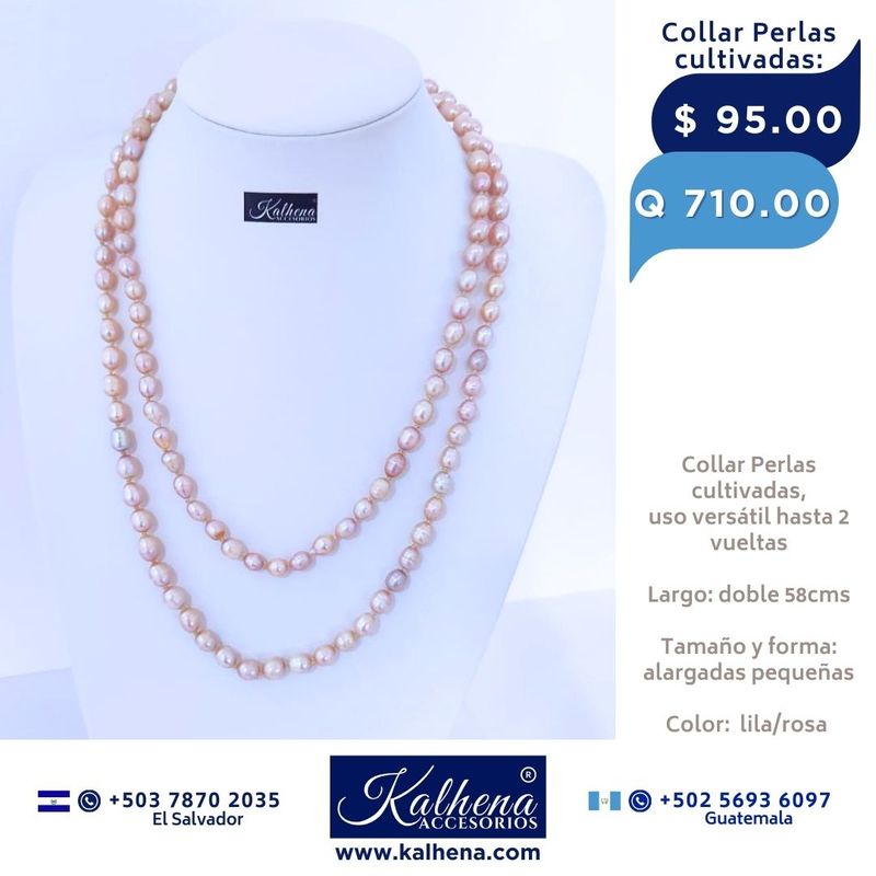 Collar largo perlas cultivadas alargadas: lila/rosa