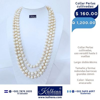 Collar largo perlas cultivadas barrocas redondas: blanco anacarado
