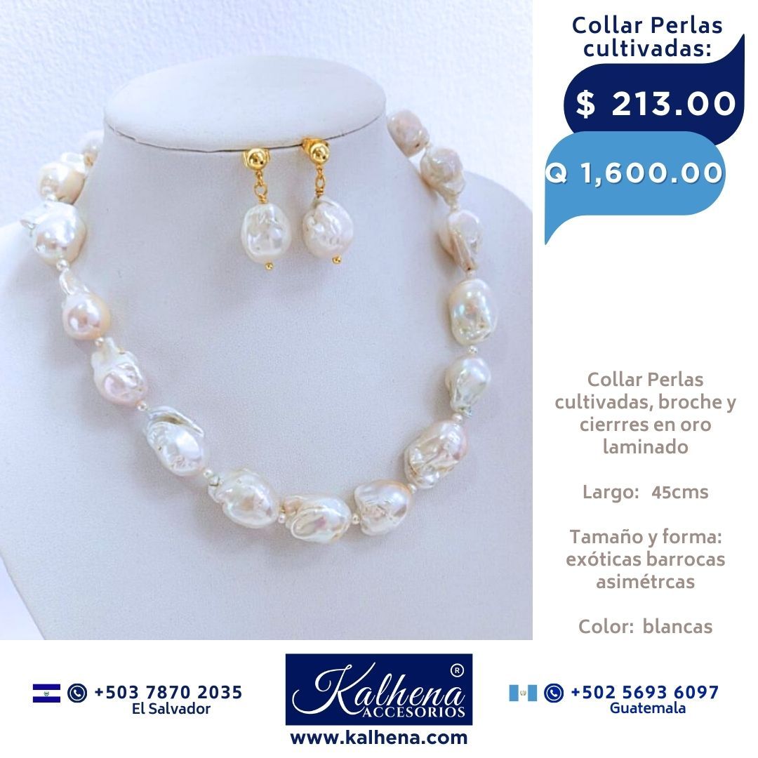 Collar perlas cultivadas barrocas asimétricas broche navy