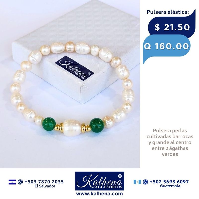 Pulsera 2 agathas verdes y perlas cultivadas