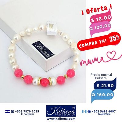 Pulsera 5 Agathas rosa y perlas cultivadas
