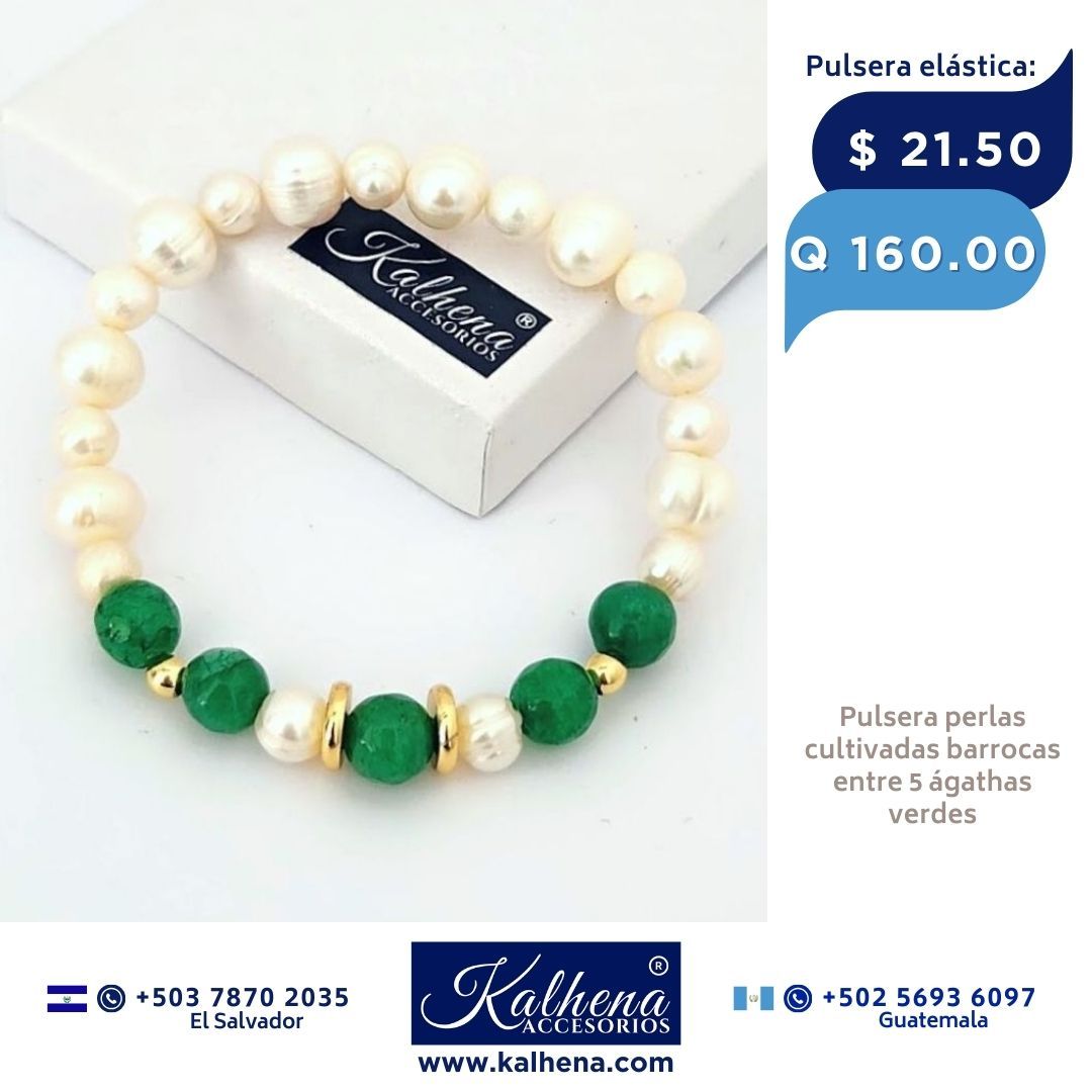 Pulsera 5 Ágathas verdes y perlas cultivadas