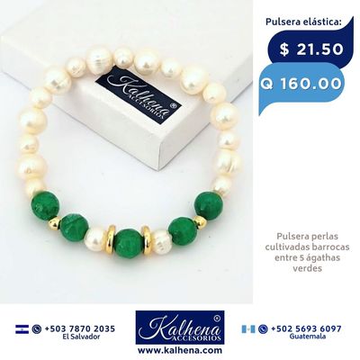 Pulsera 5 Ágathas verdes y perlas cultivadas