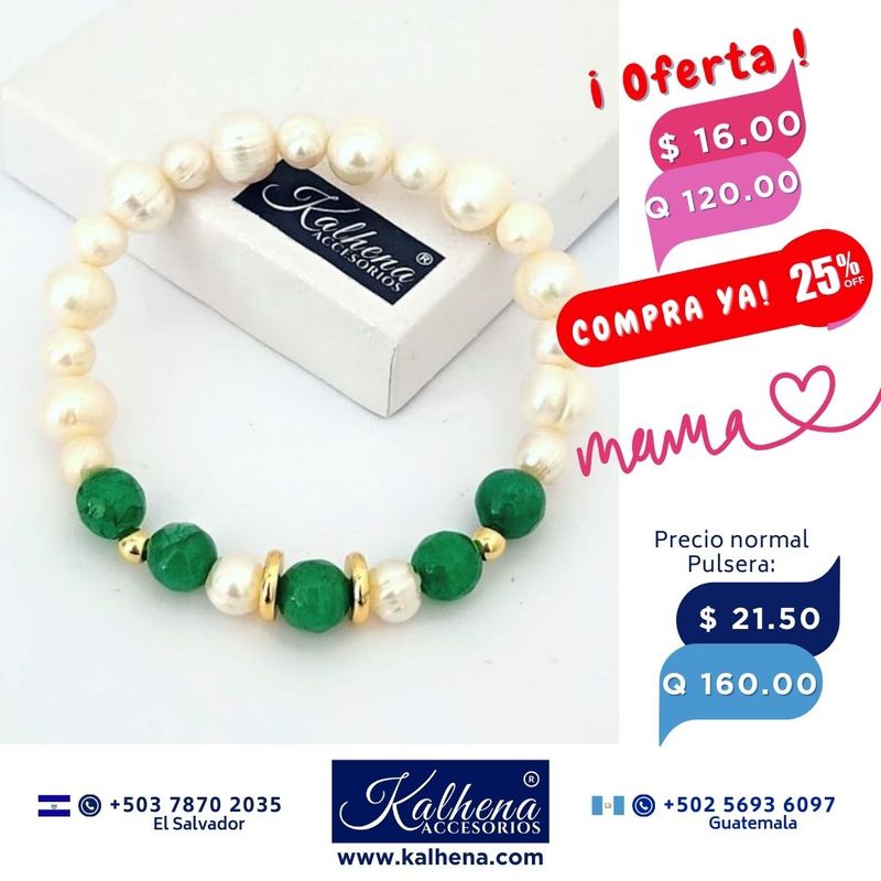 Pulsera 5 Ágathas verdes y perlas cultivadas