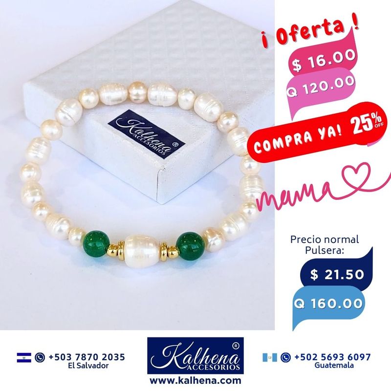 Pulsera 2 agathas verdes y perlas cultivadas
