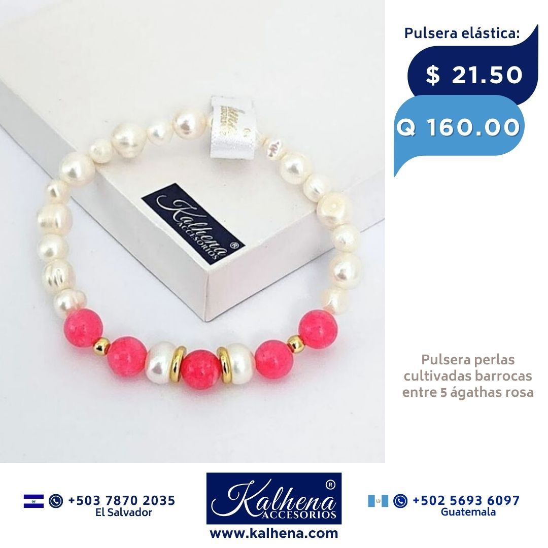 Pulsera 5 Agathas rosa y perlas cultivadas
