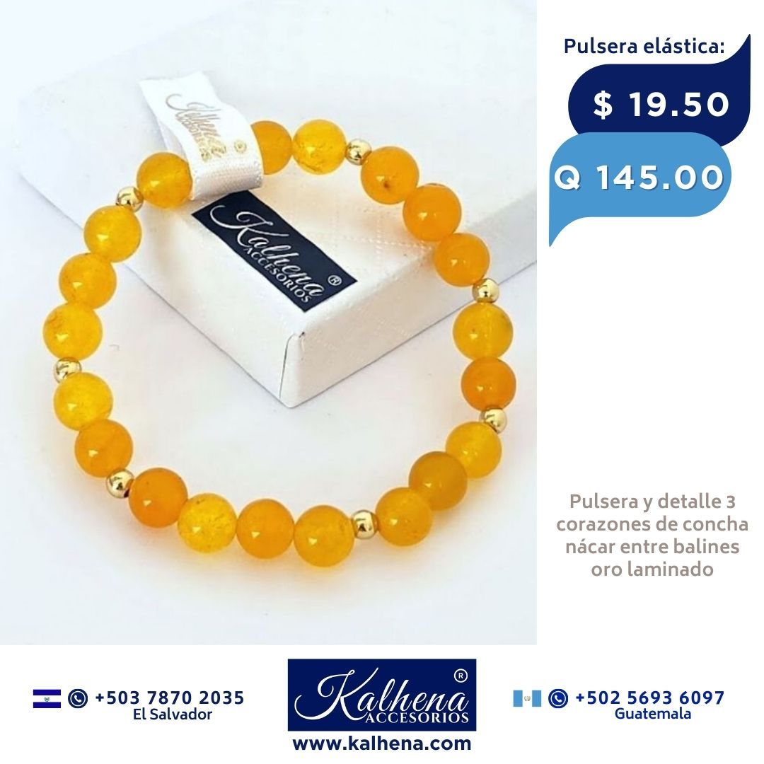 Pulsera Agathas tono ambar entre balines acero inox gold