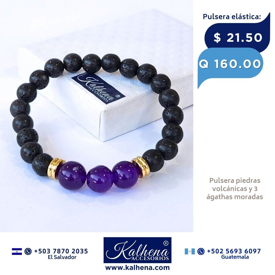 Pulsera piedra volcánica negra y 3 Agathas moradas