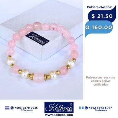 Pulsera Cuarzos Rosa entre perlas y balines gold