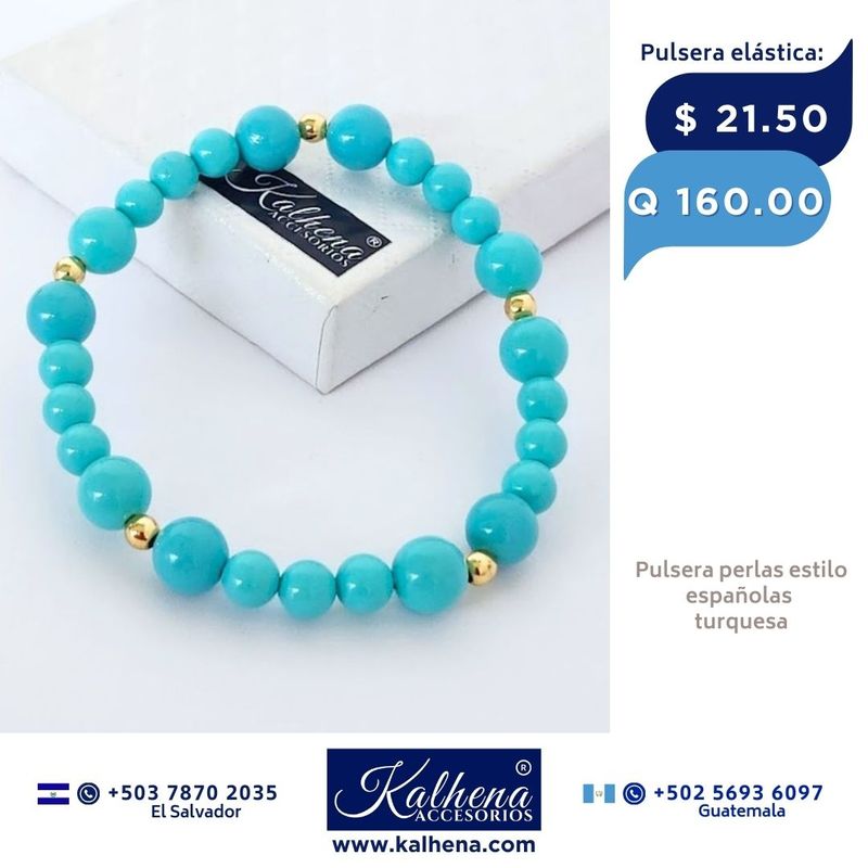 Pulsera perlas tipo Mallorca turquesa entre balines gold