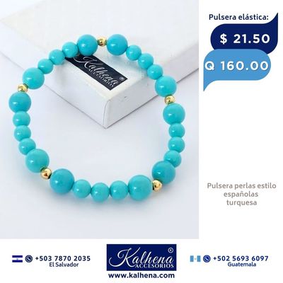 Pulsera perlas tipo Mallorca turquesa entre balines gold