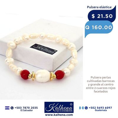 Pulsera 2 cuarzos facetados rojo vivo y perlas cultivadas