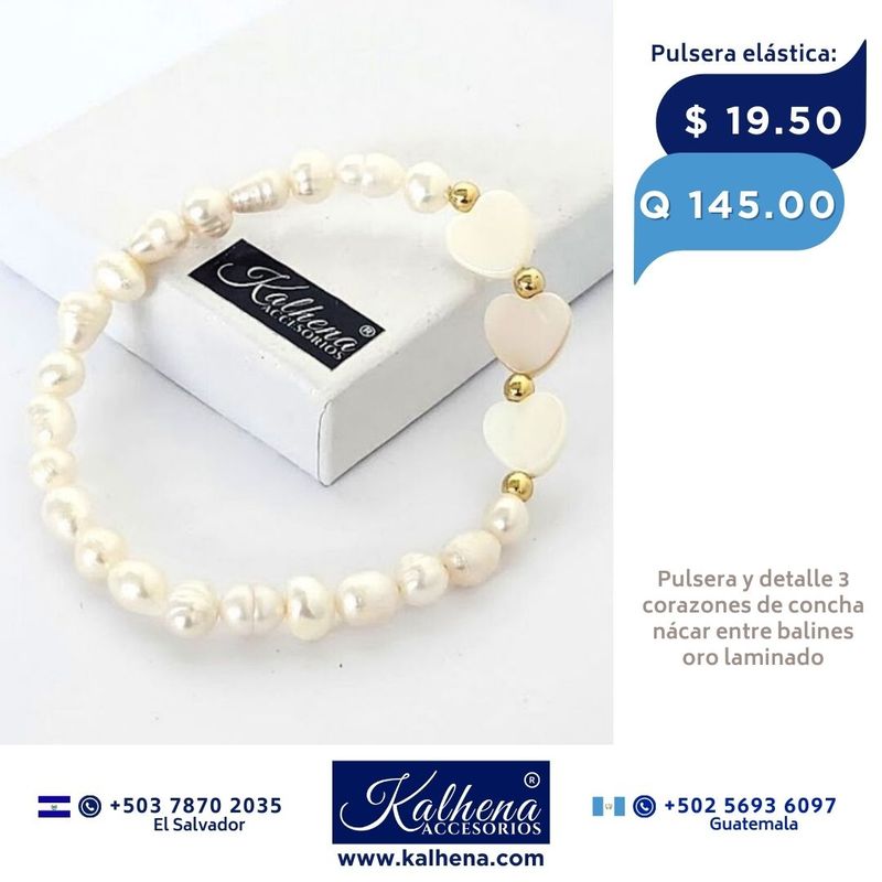 Pulsera 3 corazones concha nácar y perlas cultivadas