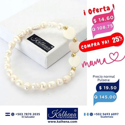 Pulsera 3 corazones concha nácar y perlas cultivadas
