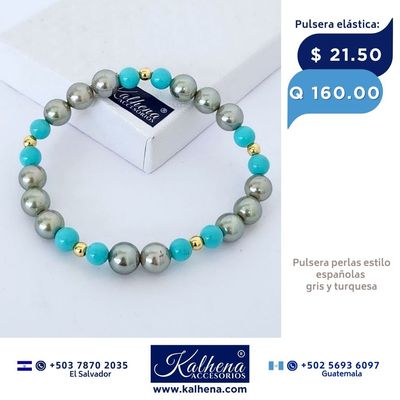 Pulsera perlas tipo Mallorca turquesa y gris entre balines gold