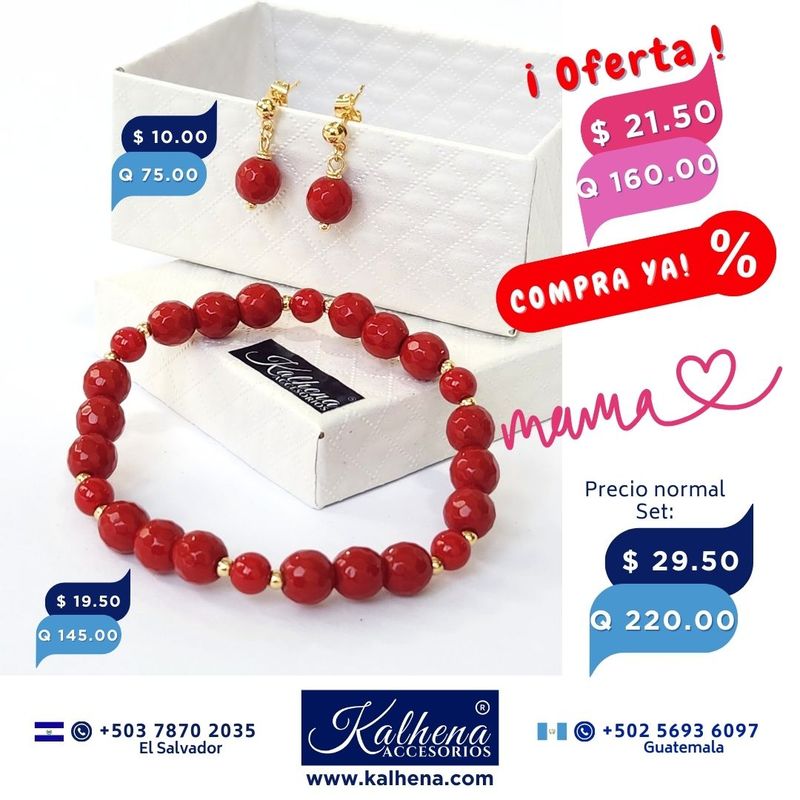 Set Pulsera y Aretes cuarzos rojos facetados y dije corazón