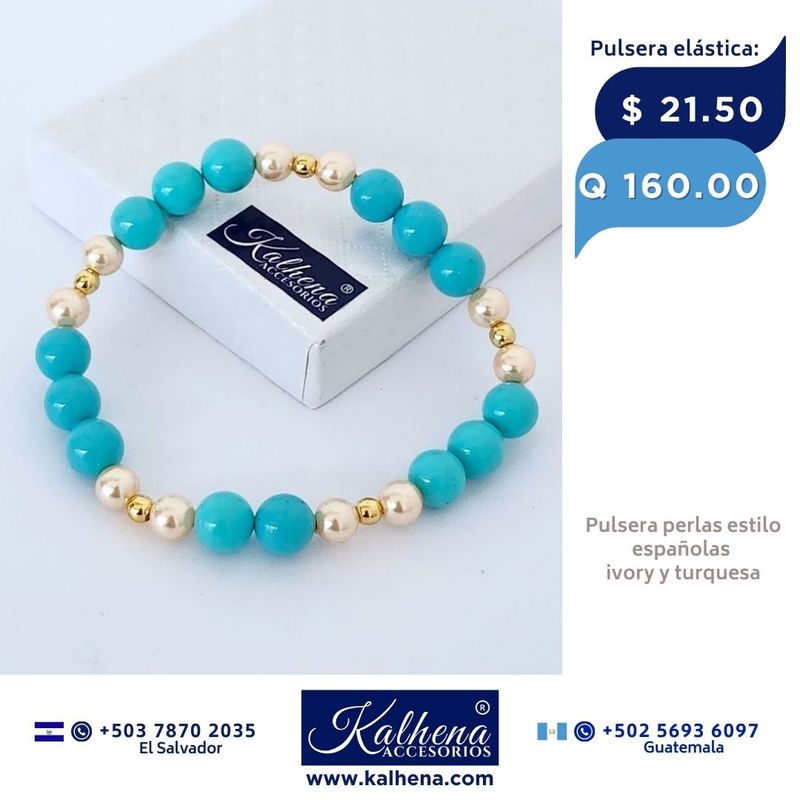 Pulsera perlas tipo Mallorca turquesa e ivory entre balines gold