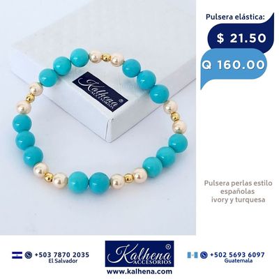Pulsera perlas tipo Mallorca turquesa e ivory entre balines gold