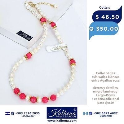 Collar Agathas rosa entre perlas al frente