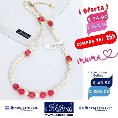 Collar Agathas rosa entre perlas al frente