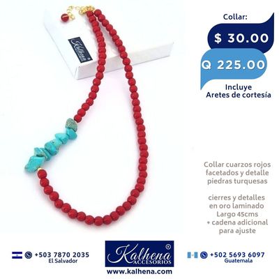 Collar cuarzos rojos facetados y turquesas celestes