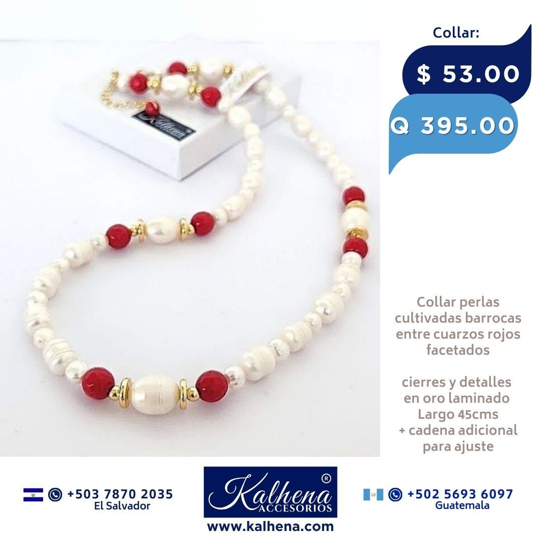 Collar perlas barrocas y cuarzos facetados rojos