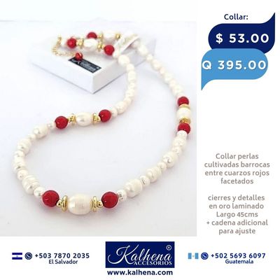 Collar perlas barrocas y cuarzos facetados rojos
