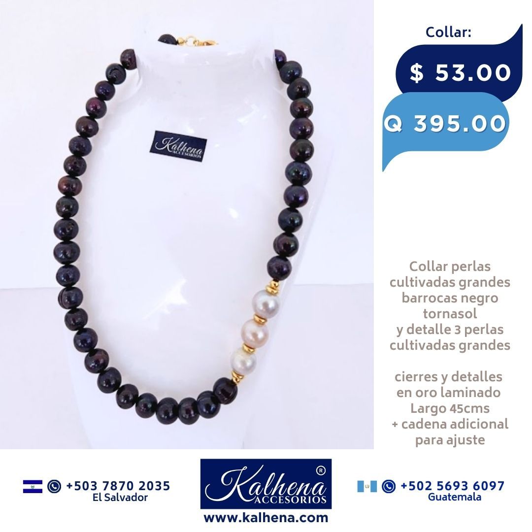 Collar perlas cultivadas negras entre 3 blancas grandes