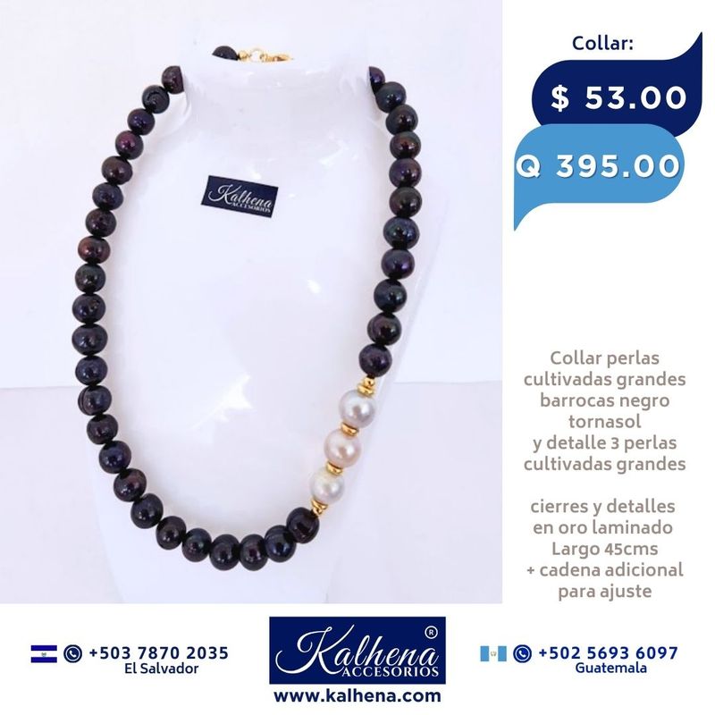 Collar perlas cultivadas negras entre 3 blancas grandes