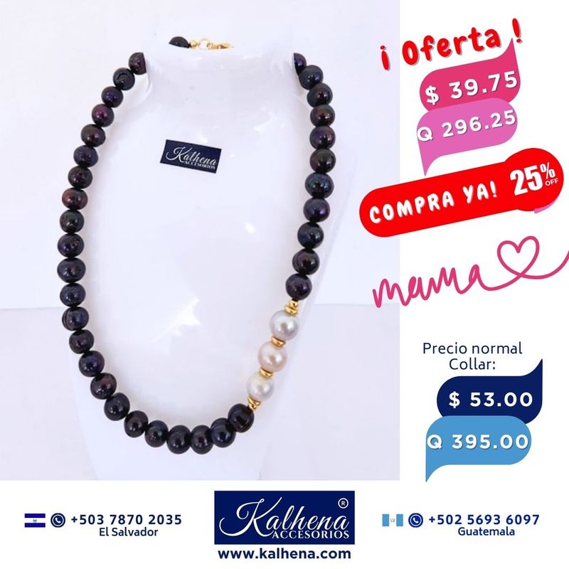 Collar perlas cultivadas negras entre 3 blancas grandes