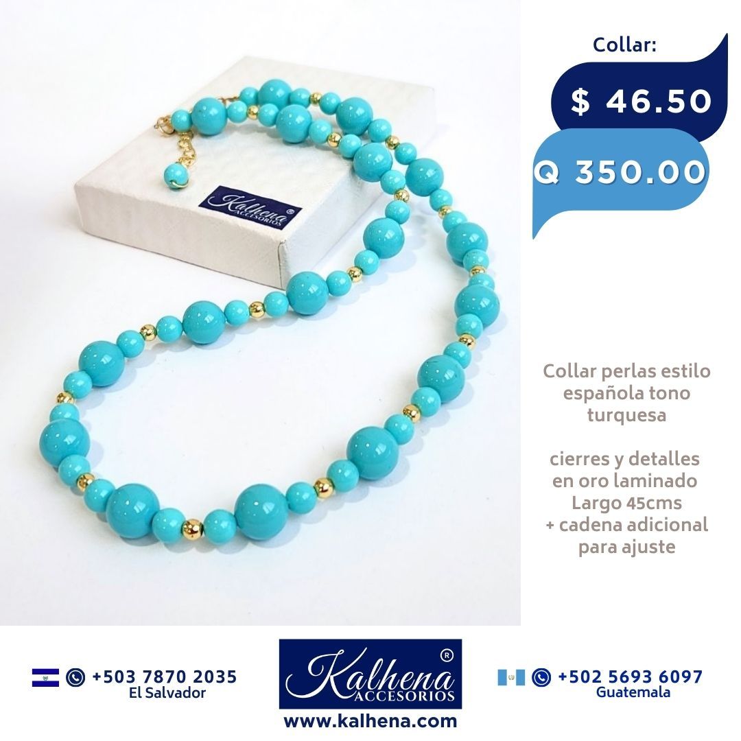 Collar perlas tipo Mallorca turquesa entre balines gold