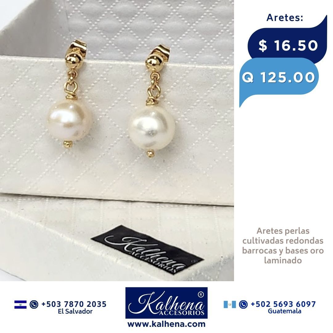 Aretes perla cultivada redonda barroca bases oro laminado